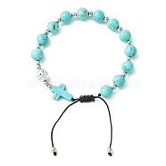 Synthetic Turquoise Round & Cross Braided Bead Bracelets, Adjustable Nylon Cord Bracelets for Women, Inner Diameter: 2-1/8~3-1/8  inch(5.5~8cm)(BJEW-TA00321-02)