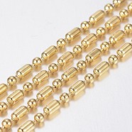 Handmade Ion Plating(IP) 304 Stainless Steel Ball Chains, with Spool, Round with Column, Golden, 4.8x2.5mm and 2.5mm, about 10m/roll(10.936yards/roll)(STAS-F136-13G-10m)