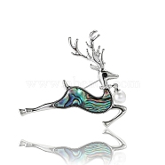 Alloy and Paua Shell Elk Brooch, Christmas Deer Pins with Imitaiton Pearl, Platinum, 45x41mm(PW-WG309AD-01)