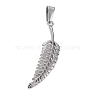 304 Stainless Steel Pendants, Feather, Stainless Steel Color, 46~47x11.5~12x2mm, Hole: 10x4mm(STAS-H110-20P)