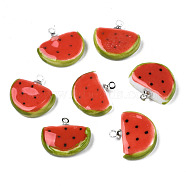 Handmade Porcelain Pendants, with Platinum Plated Brass Findings, Famille Rose Style, Watermelon, Red, 15~16x16~18x4~5mm, Hole: 1.6mm(PORC-N004-137)