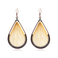 Bohemia Style Alloy Dangle Earrings, with Cotton Thread and Metallic Cord, Teardrop, Red Copper, Yellow, 93x45mm(EJEW-F238-06D)