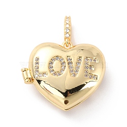 Brass Micro Pave Cubic Zirconia Diffuser Locket Pendants, Long-Lasting Plated, Heart with word LOVE,Real 18K Gold Plated, 19.5x22.5x8.5mm, Hole: 3.2x5mm(X-ZIRC-Z018-05G)