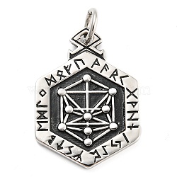 316L Surgical Stainless Steel Pendants, with Jump Ring, Hexagon with Viking Rune Charm, Antique Silver, 43.5x31x3mm(STAS-D012-04AS)