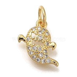 Rack Plating Brass Micro Pave Cubic Zirconia Charms, Cadmium Free & Lead Free, Long-Lasting Plated, Ghost, Real 18K Gold Plated, 11x11x2.5mm, Hole: 3mm(KK-I720-14G)