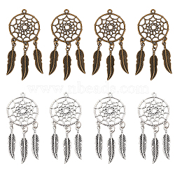 NBEADS 16Pcs 2 Colors Tibetan Style Alloy Big Pendants, Woven Net/Web with Feather, Antique Bronze & Antique Silver, 65~66x28.5x1.5mm, Hole: 1.5mm, 8pcs/color(FIND-NB0001-48)