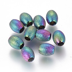Ion Plating(IP) 304 Stainless Steel Textured Beads, Oval, Rainbow, Multi-color, 6x5mm, Hole: 2.3mm(STAS-E455-06M-5x6)