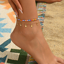 Bohemian Golden Alloy & Glass Seed Beads Anklets, Star, 8-1/4 inch(210mm)(FS-WG7BDB3-03)