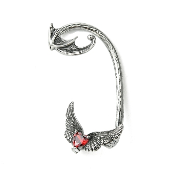 316 Surgical Stainless Steel Cuff Earrings, with Glass, Heart with Wing, Left, Red, 52.5x28.5mm