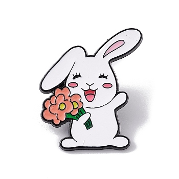 Easter Theme Rabbit Enamel Pin, Electrophoresis Black Alloy Animal Brooch for Backpack Clothes, Flower Pattern, 33x28x2mm