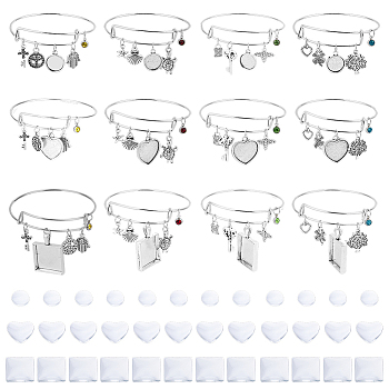 DIY Blank Geometry Alloy Charms Expandable Bangle Making Kit, Antique Silver, Inner Diameter: 65mm, Cabochon: 11.5~20x11.5~20x4~6.8mm