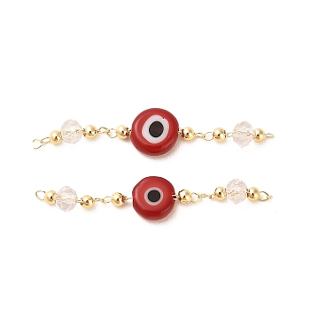 Handmade Evil Eye Lampwork with Glass Handmade Beaded Links Connectors, with Rack Plating Real 18K Gold Plated Brass Findings, FireBrick, 36mm, Hole: 1mm