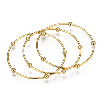 304 Stainless Steel Bangle Sets, with Round Beads, Golden, 68mm, about 3pcs/set