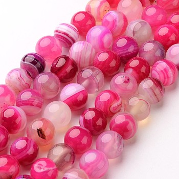 Natural Striped Agate/Banded Agate Beads Strands, Round, Dyed & Heated, Deep Pink, 8mm, Hole: 1mm, about 48pcs/strand, 14.1 inch
