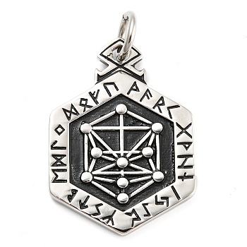316L Surgical Stainless Steel Pendants, with Jump Ring, Hexagon with Viking Rune Charm, Antique Silver, 43.5x31x3mm