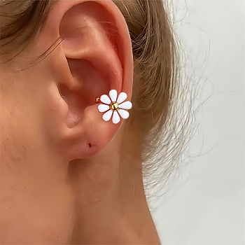 304 Stainless Steel Cuff Earrings, Flower, with Enamel, Golden, 12mm