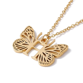Initial Letter with Butterfly Pendant Necklace, Golden 304 Stainless Steel Jewelry for Women, Letter.H, Pendant: 17x26x1mm, 15.55 inch(39.5cm)