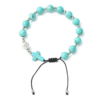 Synthetic Turquoise Round & Cross Braided Bead Bracelets, Adjustable Nylon Cord Bracelets for Women, Inner Diameter: 2-1/8~3-1/8  inch(5.5~8cm)