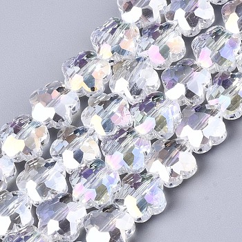 Electroplate Glass Beads Strands, AB Color Plated, Faceted, Flower, Clear, 9.5x10x5.5mm, Hole: 1mm, about 70pcs/strand, 25.59 inch(65cm)
