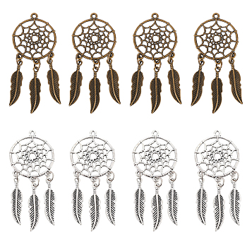 NBEADS 16Pcs 2 Colors Tibetan Style Alloy Big Pendants, Woven Net/Web with Feather, Antique Bronze & Antique Silver, 65~66x28.5x1.5mm, Hole: 1.5mm, 8pcs/color