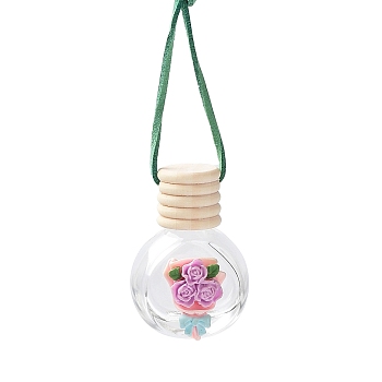 Empty Glass Perfume Bottle Pendants with Wood Cap, Aromatherapy Fragrance Essential Oil Diffuser Bottle, Car Hanging Decor, Rose Pattern, 3.5x5.2cm