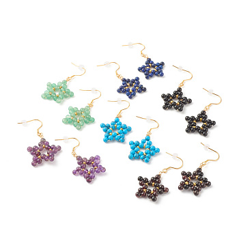 Natural Gemstone Star Dangle Earrings, Wire Wrapped Jewelry for Women, 53mm, Pin: 0.7mm