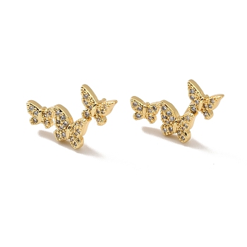 Crystal Rhinestone Triple Butterfly Stud Earrings, Rack Plating Brass Jewelry for Women, Cadmium Free & Lead Free, Real 18K Gold Plated, 12x17.5mm, Pin: 0.9mm