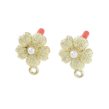 Rack Plating Golden Alloy with ABS Pearl Stud Earring Findings, with Loops and 304 Stainless Steel Pins, Cadmium Free & Nickel Free & Lead Free, Flower, 17x13.5mm, Hole: 1.6mm, Pin: 0.7x10mm.