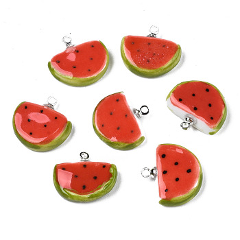 Handmade Porcelain Pendants, with Platinum Plated Brass Findings, Famille Rose Style, Watermelon, Red, 15~16x16~18x4~5mm, Hole: 1.6mm