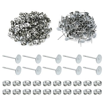 100Pcs 304 Stainless Steel Stud Earring Findings, Flat Round Pad Base Earring Settings, with 100Pcs Friction Ear Nuts, Stainless Steel Color, 12x5mm, Pin: 0.8mm