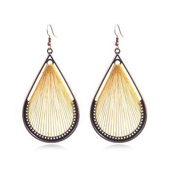 Bohemia Style Alloy Dangle Earrings, with Cotton Thread and Metallic Cord, Teardrop, Red Copper, Yellow, 93x45mm