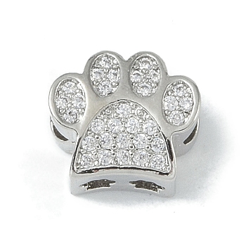 Rack Plating Brass Micro Pave Clear Cubic Zirconia Beads, Long-Lasting Plated, Lead Free & Cadmium Free, Paw Print, Platinum, 9x10x5.5mm, Hole: 2.5mm