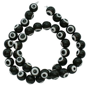 Handmade Italianate Lampwork Beads Strands, Evil Eye Style, Round, Black, about 12mm in diameter, hole: 2mm, about 31pcs/strand, 14 inch