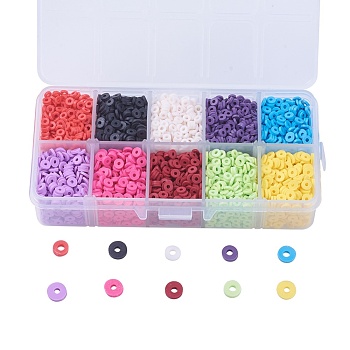 10 Colors Handmade Polymer Clay Beads, Disc/Flat Round, Heishi Beads, Mixed Color, 4~5x1mm, Hole: 1mm, about 3800~4000pcs/box