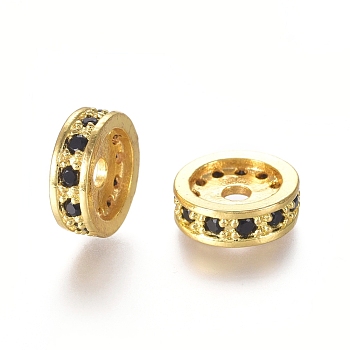 Brass Micro Pave Cubic Zirconia Spacer Beads, Long-Lasting Plated, Flat Round, Black, Golden, 12x4mm, Hole: 2mm