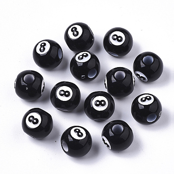 Spray Painted Acrylic Beads, Large Hole Beads, Billiards, Round with Number 8, Black, 12mm, Hole: 4mm