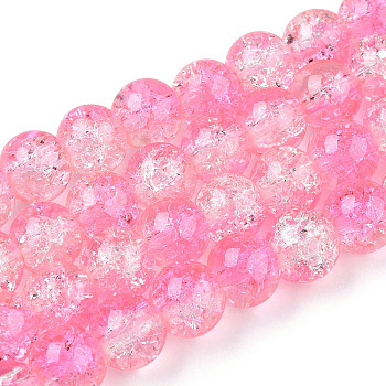 Baking Painted Crackle Glass Bead Strands, Two Tone, Round, Hot Pink, 8mm, Hole: 1.3~1.6mm, about 100pcs/strand, 31.4 inch.