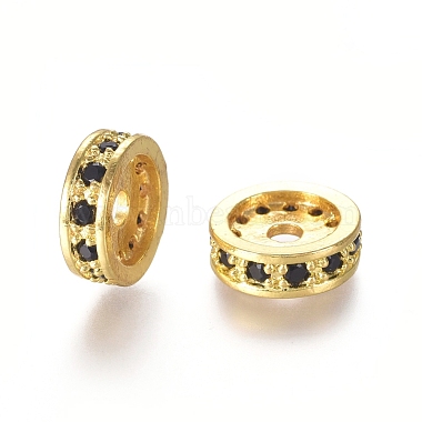 Black Flat Round Brass+Cubic Zirconia Spacer Beads