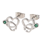 Brass Micro Pave Green Cubic Zirconia Stud Earrings for Women, Heart with Stethoscope, Stainless Steel Color, 9.5x11.5mm(EJEW-K271-05P)