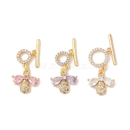 Golden Brass Micro Pave Cubic Zirconia Toggle Clasps, with Glass, Bee, Mixed Color, 23mm, Bar: 15x5mm, Hole: 1.2mm, Ring: 10.5x10x2mm, Hole: 1.2mm(KK-B100-039G)