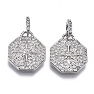 Brass Micro Pave Cubic Zirconia Pendants, Octagon with Star, Nickel Free, Clear, Real Platinum Plated, 16.5x14x2.5mm, Hole: 1.5mm(ZIRC-T013-11P-NF)
