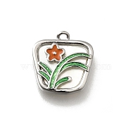 Brass Pave Natural White Shell Trapezoid Charms, Orange Red Enamel Flower Charms, 925 Sterling Silver Plated, 12.5x12x2mm, Hole: 1.2mm(KK-K378-60S)