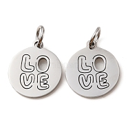 304 Stainless Steel Charms, Laser Cut, with Jump Ring, Stainless Steel Color, Hollow, Flat Round with Word Love Charm, 13.5x12x1mm, Hole: 3.6mm(STAS-D050-07P-12)