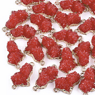 Electroplate Druzy Resin Links connectors, with Iron Findings, Nuggets, Light Gold, Red, 28~29x15.5~16x9~10mm, Hole: 1mm(RESI-S366-05D)