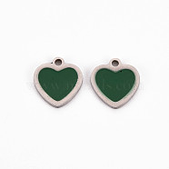 304 Stainless Steel Enamel Charms, Stainless Steel Color, Heart, Dark Green, 10x9.5x1mm, Hole: 1.2mm(STAS-Q242-041A)
