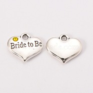 Wedding Theme Antique Silver Tone Tibetan Style Heart with Bride to Be Rhinestone Charms, Citrine, 14x16x3mm, Hole: 2mm(X-TIBEP-N005-10E)