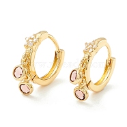 Star Cubic Zirconia Hoop Earrings with Flat Round Drop, Brass Jewelry for Women, Cadmium Free & Nickel Free & Lead Free, Real 18K Gold Plated, Misty Rose, 19.5mm, Pin: 0.7mm(EJEW-P196-19G-03)