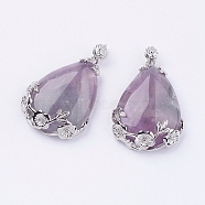 Teardrop with Flower Platinum Plated Brass Natural Amethyst Pendants, Cadmium Free & Lead Free, 38x27x9mm, Hole: 4x7.5mm(G-F228-37F-RS)