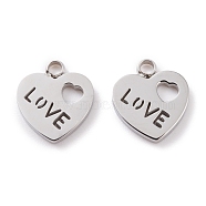 304 Stainless Steel Charms, Laser Cut, Heart with Word Love, for Valentine's Day, Stainless Steel Color, 12.5x11x1.5mm, Hole: 1.8mm(STAS-Y002-01P)