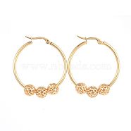 304 Stainless Steel Hoop Earrings, with Real 18K Gold Plated Brass Hollow Round Beads, Golden, 37.5x34x2~7.5mm, Pin: 1x0.5mm(EJEW-JE03496-03)